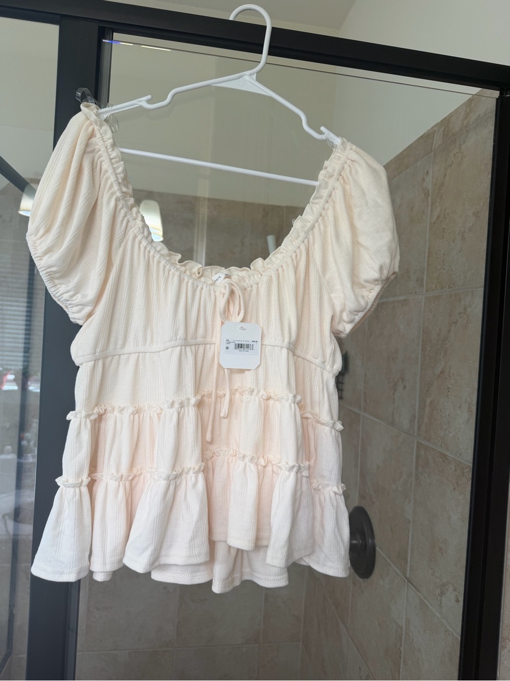 Altar'd State Cream Tiered Peasant Top with Puff Sleeves